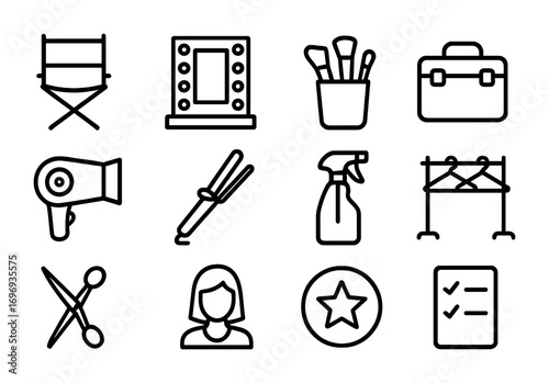 Backstage Beauty Icons. Outline icon set of backstage beauty shoots: makeup chair, mirror with lights, brush