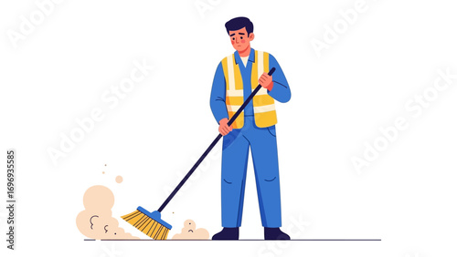 Cleaning Crew: A dedicated sanitation worker in uniform diligently sweeps away dirt and debris, representing the important task of cleaning the city. A symbol of upkeep