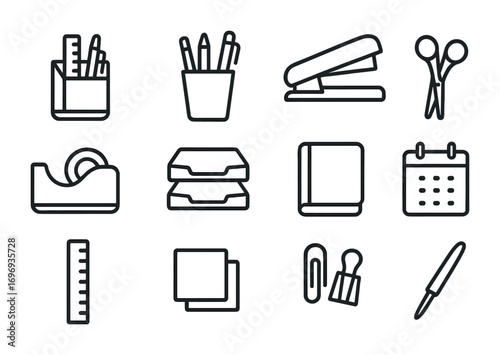 Office Icons Grid. Outline icon set of office accessories: desk organizer, pen cup, stapler, scissors, tape