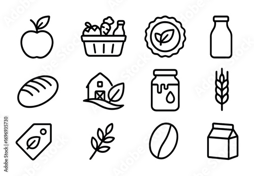 Organic Icon Set. Outline icon set of organic products: fruit icon, vegetable basket, organic stamp, milk