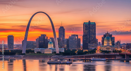 Majestic gateway arch and st louis skyline illuminated during a stunning sunset over reflecting waters