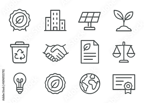 Green Business Icons. Outline icon set of green business: eco badge, office building, solar panel, leaf sprout