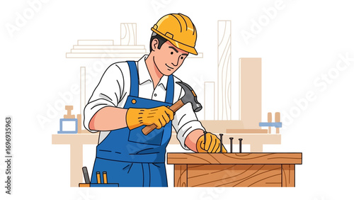 Carpenter's Precision: A skilled carpenter focuses with unwavering concentration, skillfully using a hammer to secure nails into wood, demonstrating craftsmanship and meticulous attention to detail.