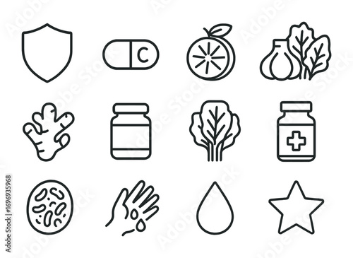Immunity Boosters Icons. Outline icon set of immunity boosters: shield, vitamin C capsule, citrus fruit,