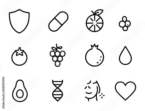 Antioxidant Vitamin Icons. Outline icon set of antioxidant vitamins: shield, vitamin E capsule, vitamin C