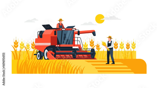 Harvesting the Gold: Illustrative of the golden wheat fields with farmer on combine harvester in harvest season, capturing the essence of agricultural productivity.
