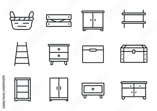 Rustic Storage Icon Set. Outline icon set of rustic storage solutions: wicker basket, wooden crate, cabinet,