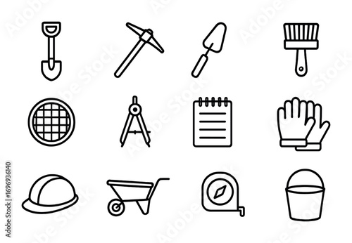 Excavation Tools Icons. Outline icon set of field excavation tools: shovel, pickaxe, trowel, brush, sifter