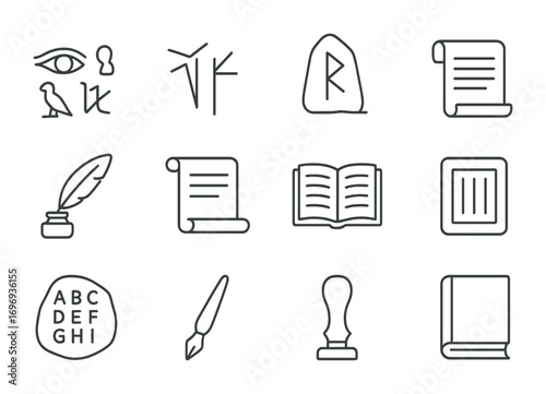 Historical Scripts Icons Set. Outline icon set of historical scripts: hieroglyphs, cuneiform, runes, parchment