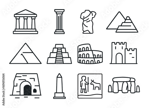 Ancient Ruins Icons. Outline icon set of ruins and monuments: temple, column, broken statue, pyramid, ziggurat