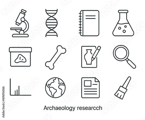 Archaeology Icon Set. Outline icon set of archaeology research: microscope, DNA strand, notebook, lab flask,