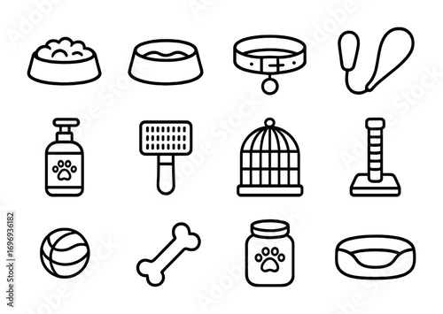 Pet Care Essentials Icons. Outline icon set of pet care essentials: food bowl, water bowl, collar, leash, pet