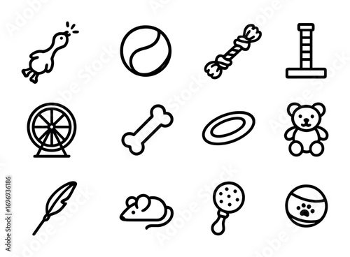 Pet Toy Icons. Outline icon set of pet toys and fun: squeaky toy, ball, rope, scratching post, hamster wheel,