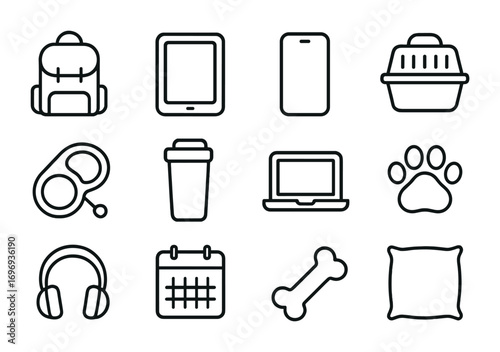 Hybrid Work Essentials. Outline icon set of hybrid work and pets: backpack, tablet, mobile phone, pet carrier,