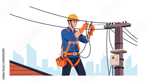 Lineman on the Job: An illustration capturing a skilled lineman at work, meticulously maintaining power lines amidst a city backdrop, epitomizing diligence and infrastructure