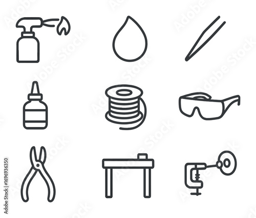 Jewelry Soldering Icons. Outline icon set of soldering jewelry: soldering torch, flame, metal sheet, tweezers,