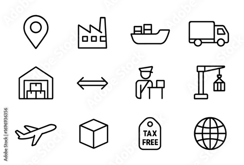 Free Trade Icons. Outline icon set of free trade zones: map marker, factory, cargo ship, truck, warehouse,