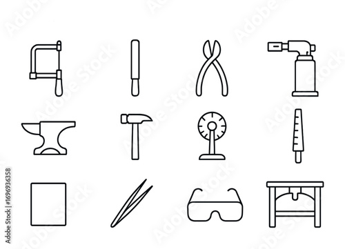 Jewelry Tools Icons Grid. Outline icon set of metalworking for small jewelry projects: jeweler’s saw, file,