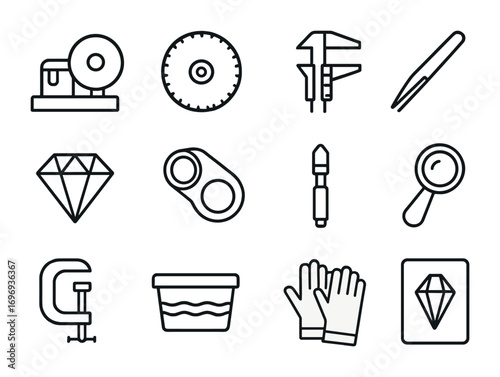 Gemstone Tool Icons. Outline icon set of gemstone cutting: lapidary wheel, saw blade, caliper, tweezers,