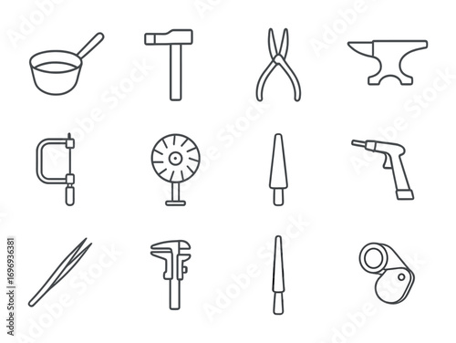 Goldsmith Tools Icons. Outline icon set of goldsmith tools: crucible, hammer, pliers, anvil, saw, polishing