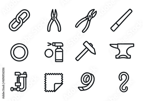 Chain Making Tools. Outline icon set of chain making: chain links, pliers, cutter, mandrel, jump ring,