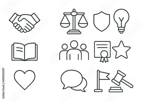 Ethical Leadership Icons. Outline icon set of ethical leadership: handshake, balance scale, shield, light bulb