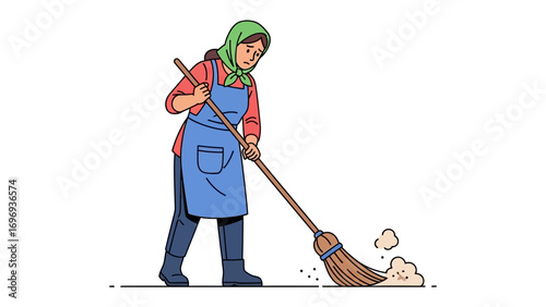 Tidying Up: A woman, donning a headscarf and apron, diligently sweeps away dirt with a traditional broom. A representation of cleanliness and effort.