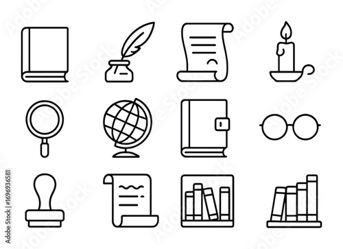 Antique Bookstore Icon Set. Outline icon set of antique bookstores: old book, feather quill, ink bottle,