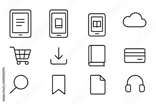 Digital Bookstore Icons. Outline icon set of digital bookstores: e-book reader, smartphone, tablet, cloud,