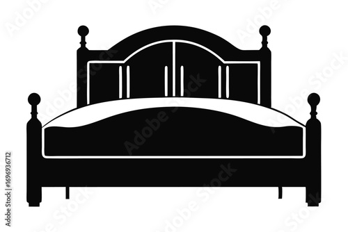 Black silhouette illustration of traditional four poster bed with curved headboard design