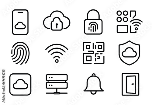 Cloud Access Icons. Outline icon set of cloud-based access: smartphone, cloud, lock, fingerprint, keypad,