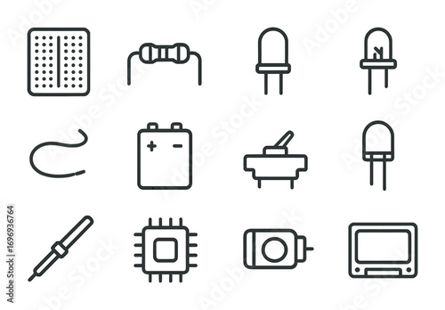 DIY Electronics Icons. Outline icon set of DIY electronics: breadboard, resistor, capacitor, LED, wire,