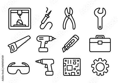 Makerspace Tools Icons. Outline icon set of makerspace tools: 3D printer, soldering iron, pliers, wrench, saw,