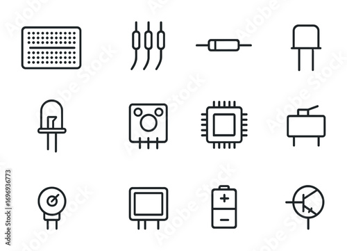 Electronics Icon Set. Outline icon set of electronic prototyping: breadboard, jumper wires, resistor,