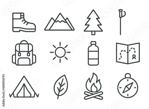 Mindful Hiking Icons. Outline icon set of mindful hiking: hiking boots, mountain, tree, walking stick,