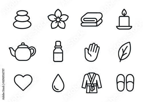 Spa Icon Set. Outline icon set of spa retreats: spa stones, flower, towel, candle, tea pot, essential oil,