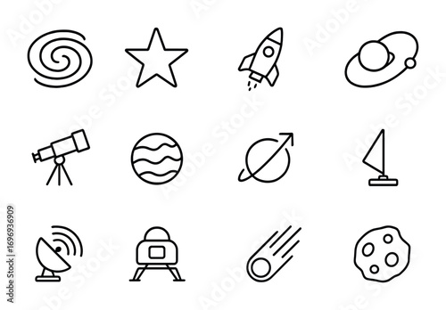 Galactic Exploration Icons. Outline icon set of galactic exploration: galaxy, star, spacecraft, orbit,