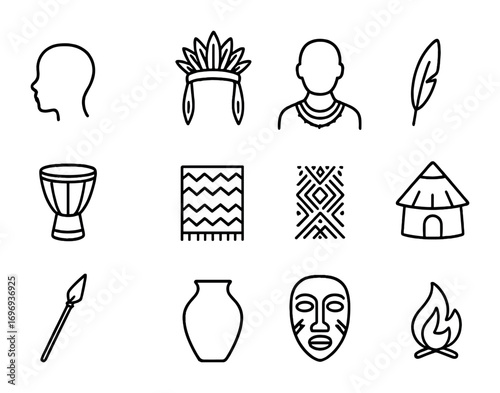 Indigenous Icon Grid. Outline icon set of portraits of indigenous people and communities: face silhouette,
