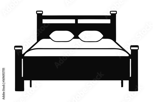 Simple Black Silhouette of a Bed with Pillows for Bedroom Decor Projects