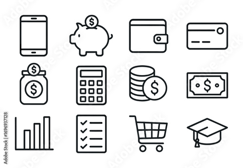 Financial Icons Grid. Outline icon set of financial literacy for Gen Z: smartphone, piggy bank, wallet, credit