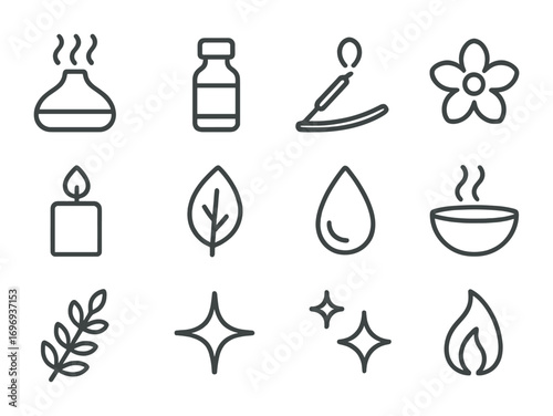 Aromatherapy Icon Set. Outline icon set of aromatherapy sessions: diffuser, essential oil bottle, incense