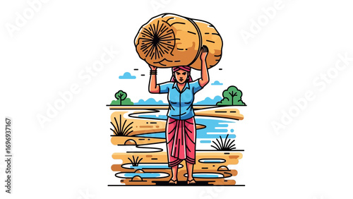 Carrying hay: An illustration of a woman gracefully balancing bundles of hay on her head. The depiction exudes a blend of strength, perseverance, and the essence of rural life.