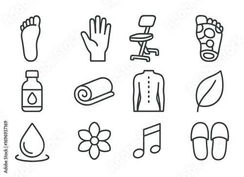 Reflexology Icon Collection. Outline icon set of reflexology: foot outline, hand icon, massage chair, pressure