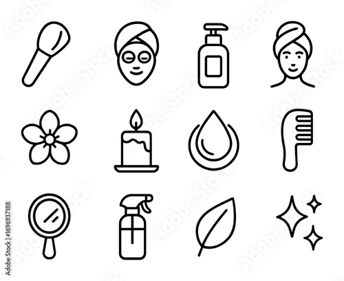 Beauty Spa Icon Set. Outline icon set of beauty and spa rituals: facial brush, mask, lotion bottle, towel wrap