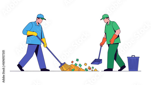 Clean Team at Work: Two dedicated sanitation workers diligently sweeping away refuse, demonstrating their commitment to keeping the environment tidy and well-maintained.