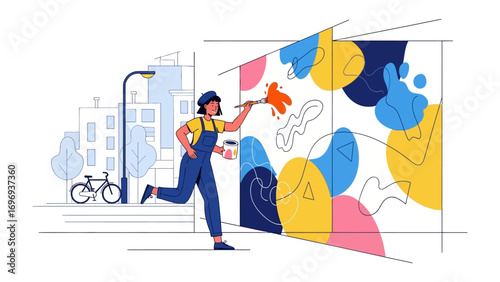 Urban Mural Artist: A vibrant artistic impression depicts a spirited artist at work, brush in hand, bringing a colorful mural to life within the dynamic urban landscape. 