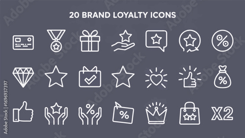 Collection of minimalist white line art icons representing brand loyalty and rewards vector