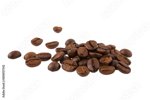 Roasted coffee beans scattered on plain background for aromatic caffeine beverage visuals