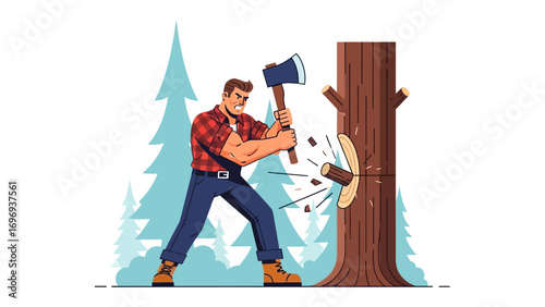 Lumberjack Felling Tree: A strong lumberjack takes action with an ax, cutting down a towering tree. capturing the moment of forest's nature