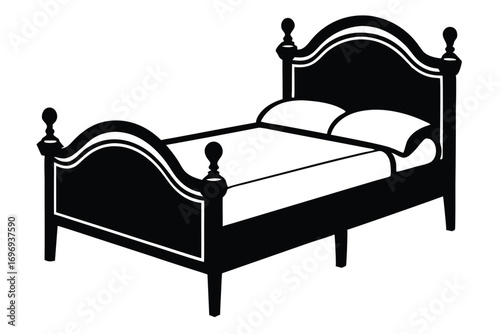 Black Silhouette Illustration Sleigh Bed with Pillows and Decorative Headboard Design